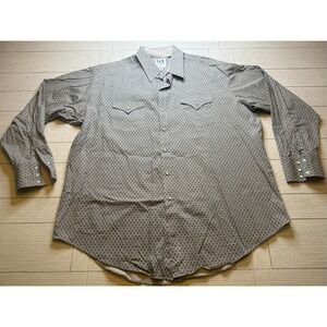 Ely Cattleman Western Shirt Men's XXL Beige Navy Geometric‎ Print Pearl Snap